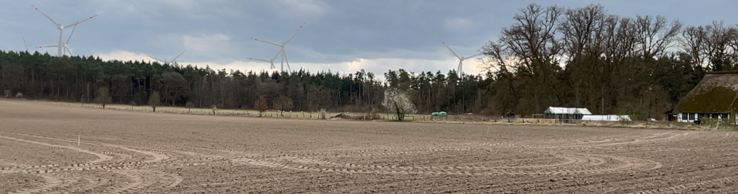 Gepflügter Acker im Vordergrund. Im Hintergrund ein Nadelwald mit Windenergieanlagen. 