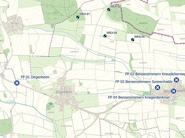 Übersichtskarte der Fotostandpunkte des Windparks