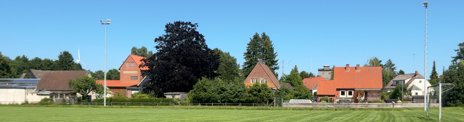Sportplatz Zernien einer Windenergieanlage sichtbar hinter den Hecken am Horizont.